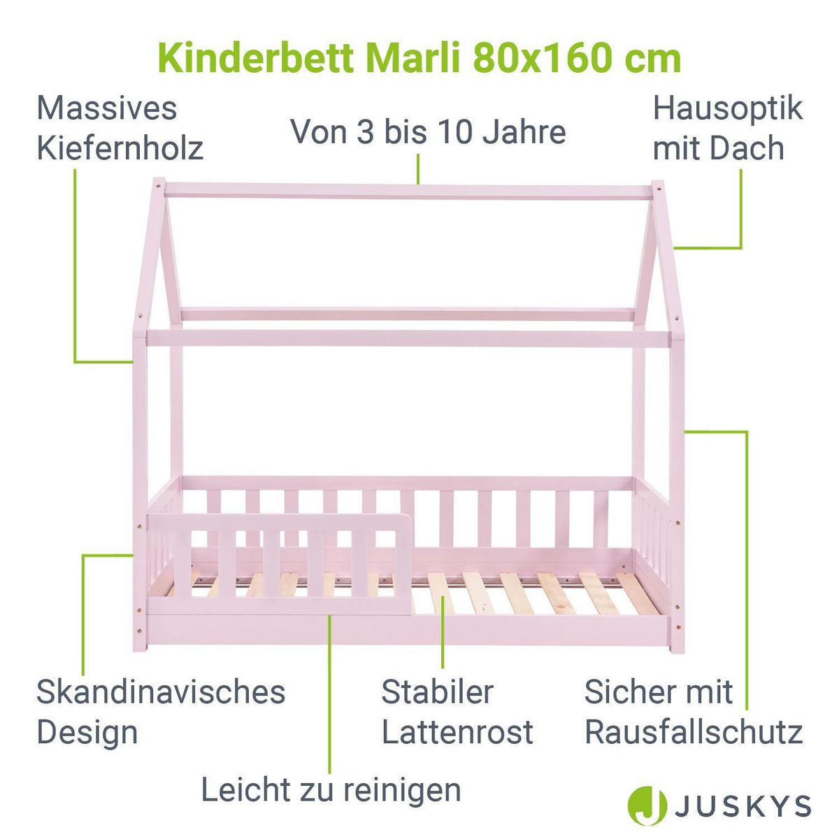 KINDERBETT Marli mit Matratze rosa 80x160 cm - Rosa, Holzwerkstoff (80/160cm) - Juskys