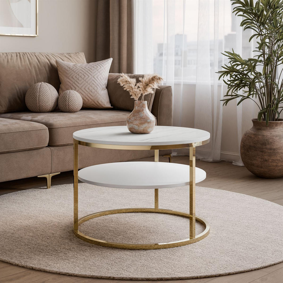 CIRI MAT Couchtisch mit Ablage und Gestell in Goldchrom Weiß Marmor - Goldfarben/Weiß, Holzwerkstoff (70/70/49cm) - Lookway