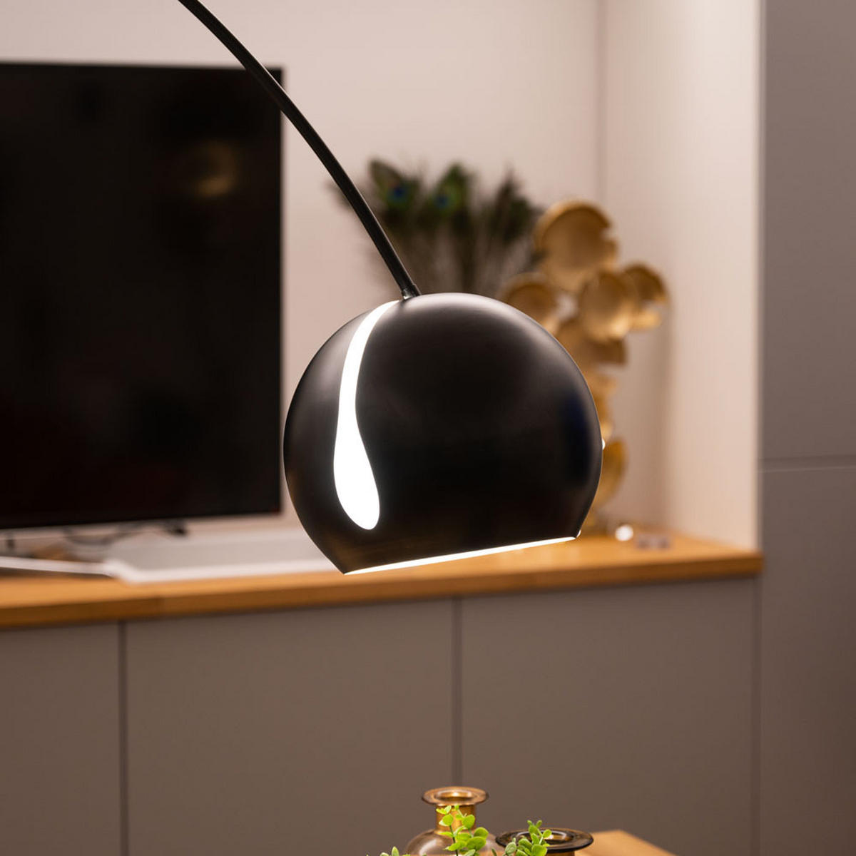 STEHLAMPE Ball Bogenlampe Marmor Schwarz - Schwarz, Stein (30/30/220cm) - s.luce