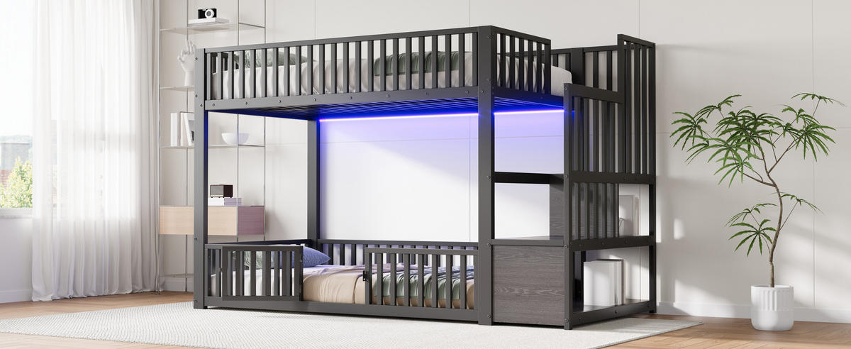 ETAGENBETT 90x200 cm mit Stauraumleiter und LED-Kopfteil, Schutzgittern und Einstiegstür, schwarz - Schwarz, Holzwerkstoff (90/200cm)