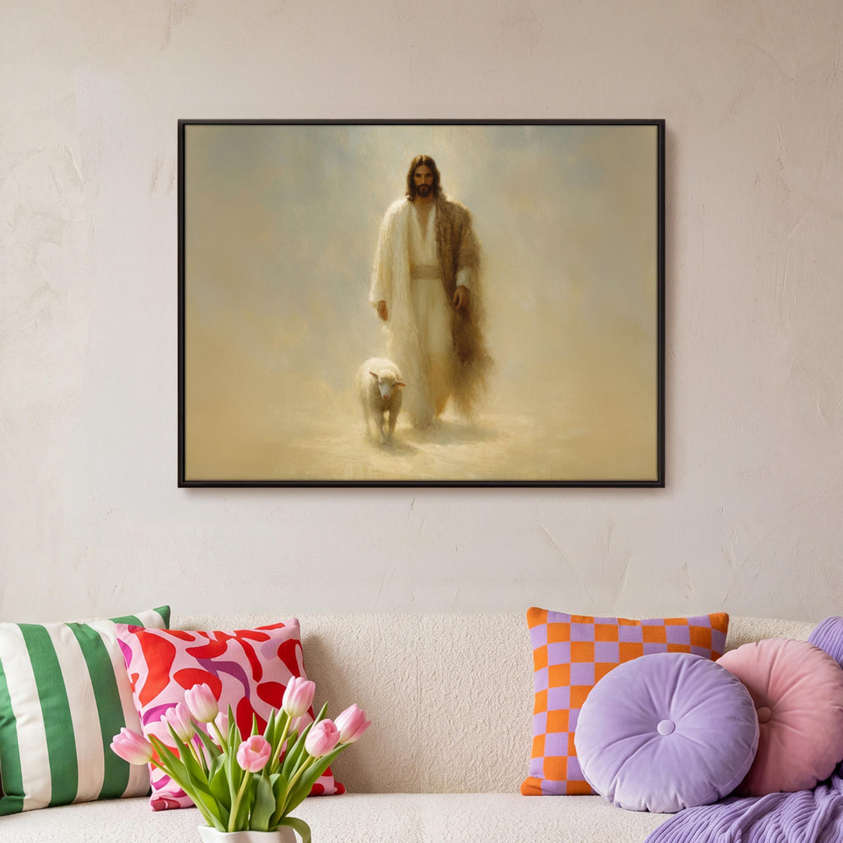 LEINWAND Bilder mit Rahmen - Schaf - Jesus - Pinselstriche - Abstrakt - 70x50 - Beige, Textil (70/50cm) - MuchoWow