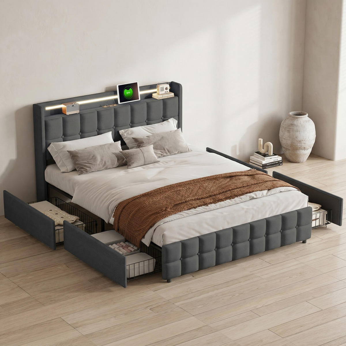 POLSTERBETT 160/200 cm grau mit Schubladen, LED und USB - Grau, Holz
