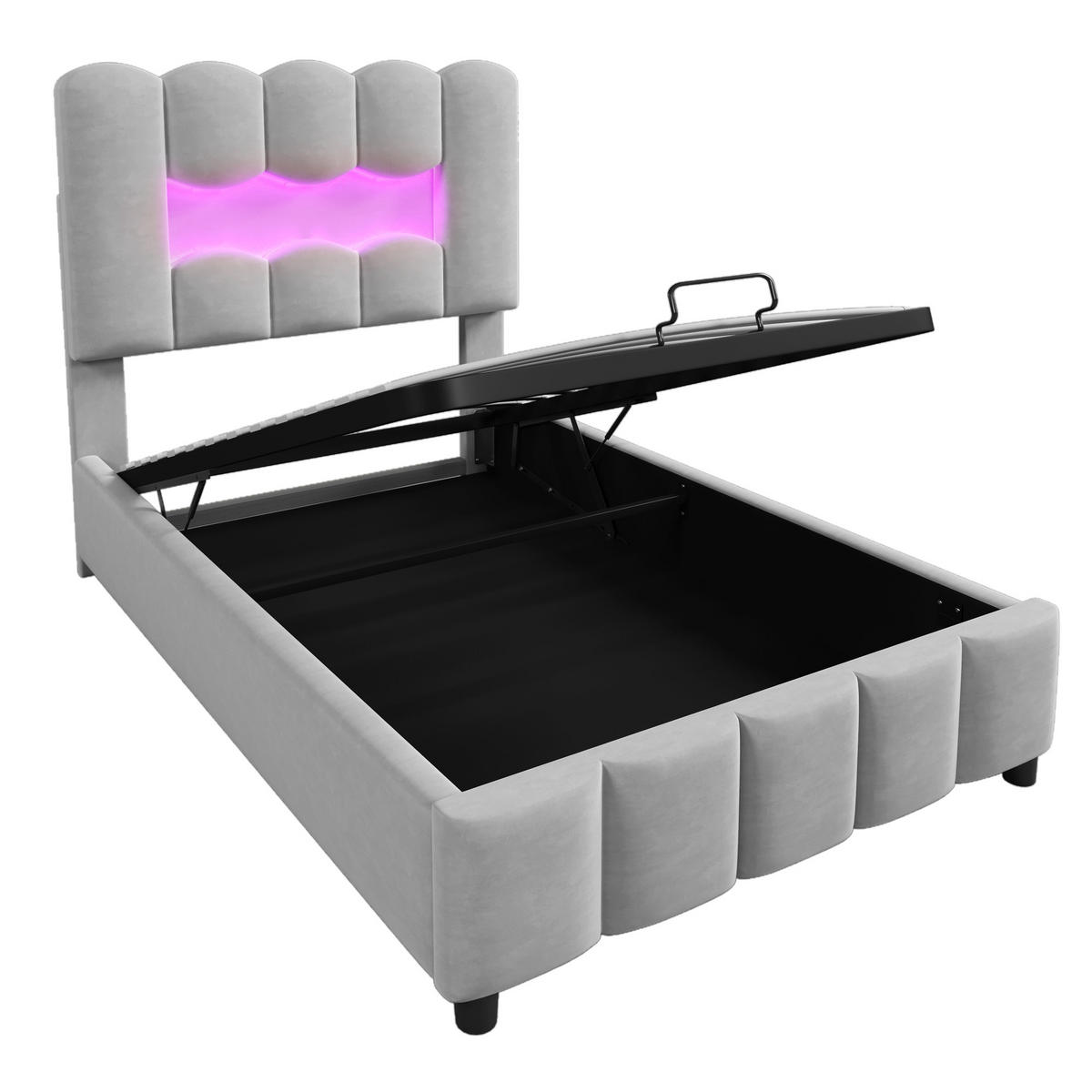 POLSTERBETT 90x200cm Grau Samt LED-Licht Hydraulik Kopfteil - Grau, Holz (90/200cm) - FLIEKS