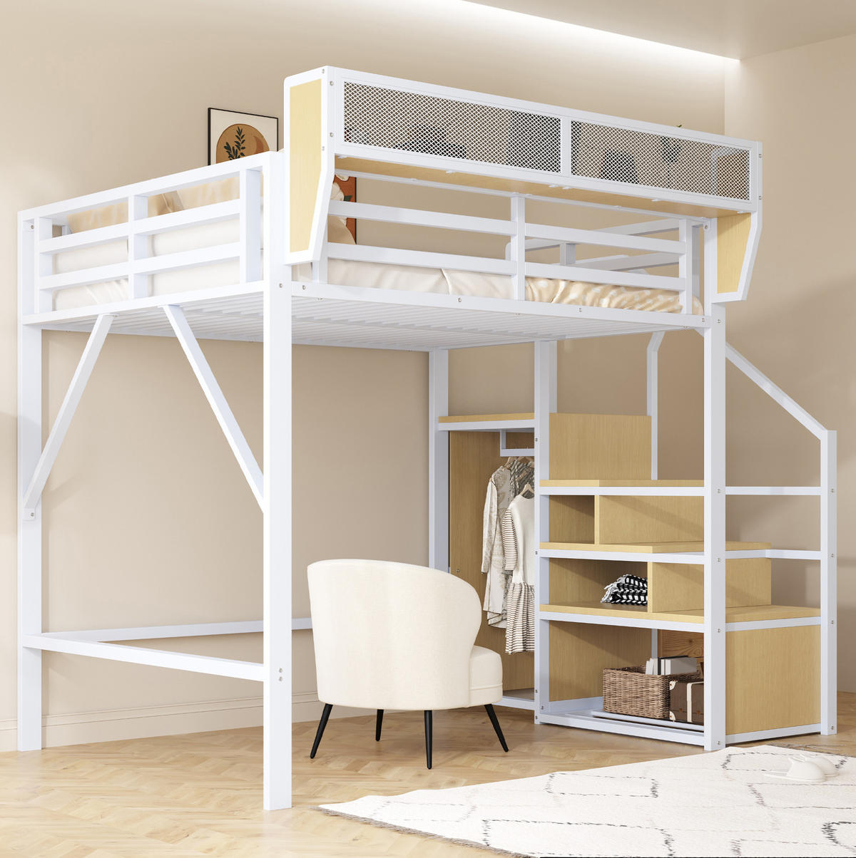 HOCHBETT 140/200 cm aus Metall und MDF mit Sicherheitsleiter und flexiblem Regal Weiß - Weiß, Metall (140/200cm) - Modenvie