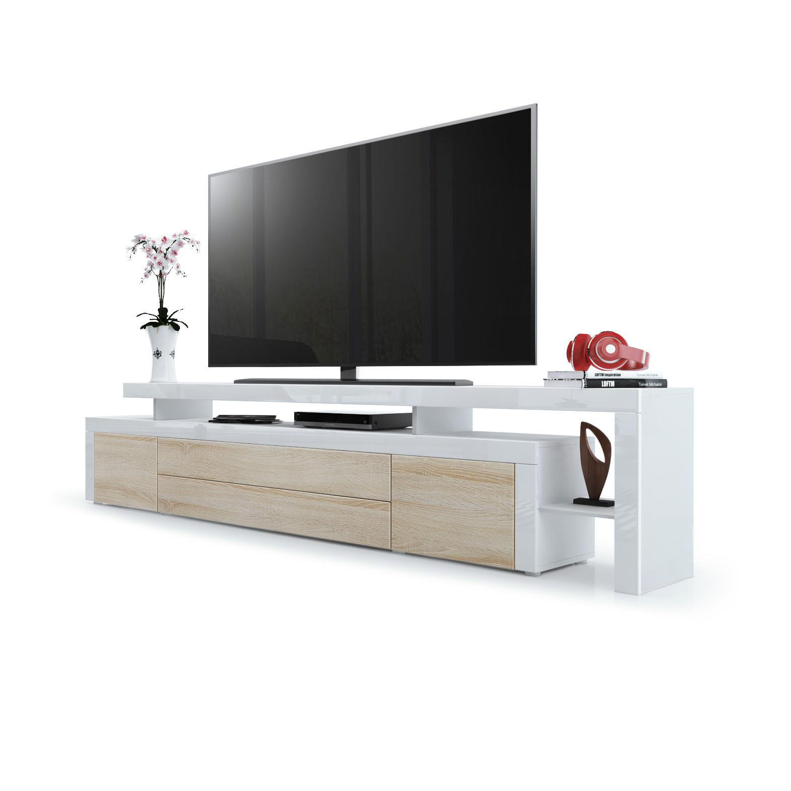 LOWBOARD Leon Eiche sägerau / Weiß Hochglanz - Eiche San Remo, Holzwerkstoff (227/52/35cm) - Vladon