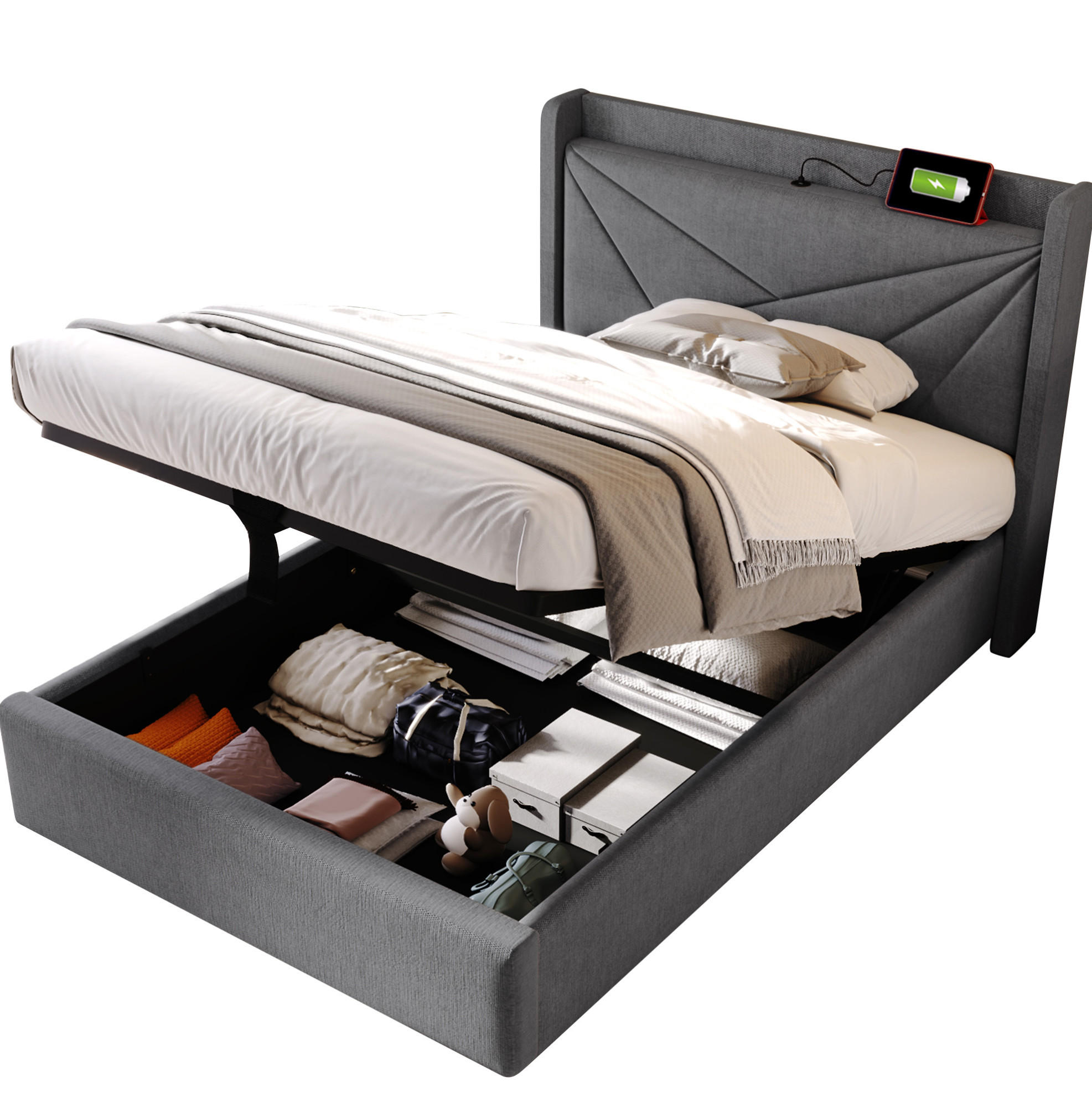 POLSTERBETT 90/200 cm Grau mit Stauraum und USB- und Type-C-Anschlüssen - Grau, Textil (90/200cm) - Flora Grace