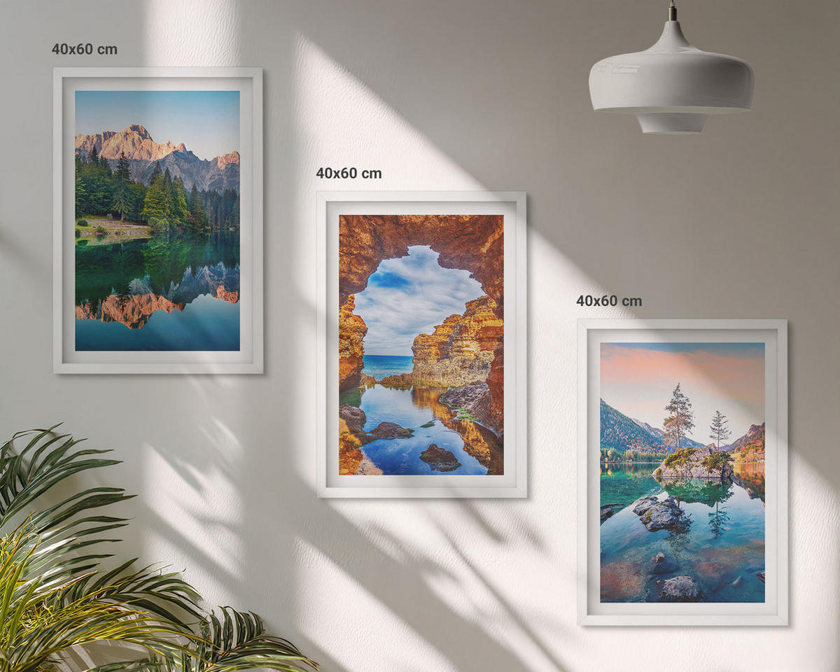 WANDBILDER 3er-Set - 40x60 cm Weißer Rahmen - Spiegelungen der Felsen in Bergseen - Weiß, Kunststoff (40/60cm) - ArtPrintCave