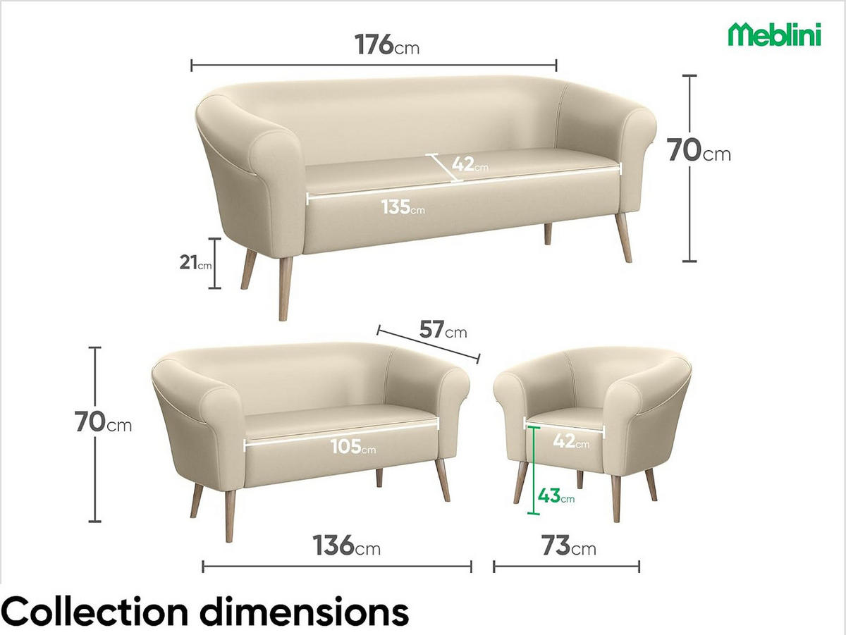 SOFA Emilia (3-Sitzer) - Buchefarben/Creme, Holzwerkstoff/Buchenholz (176/70/57cm) - Meblini