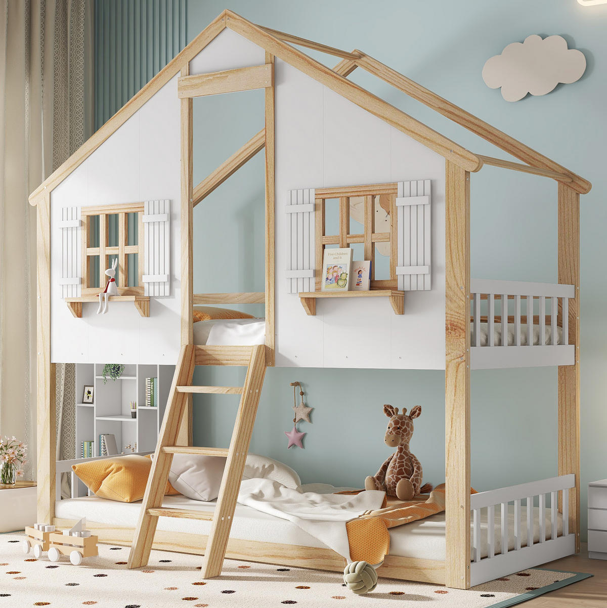 ETAGENBETT aus Kiefernholz und MDF 90x200 cm Weiß/Natur mit Dach, Fenstern und Sicherheitsgeländern - Weiß, Holzwerkstoff (90/200cm) - IVMEU