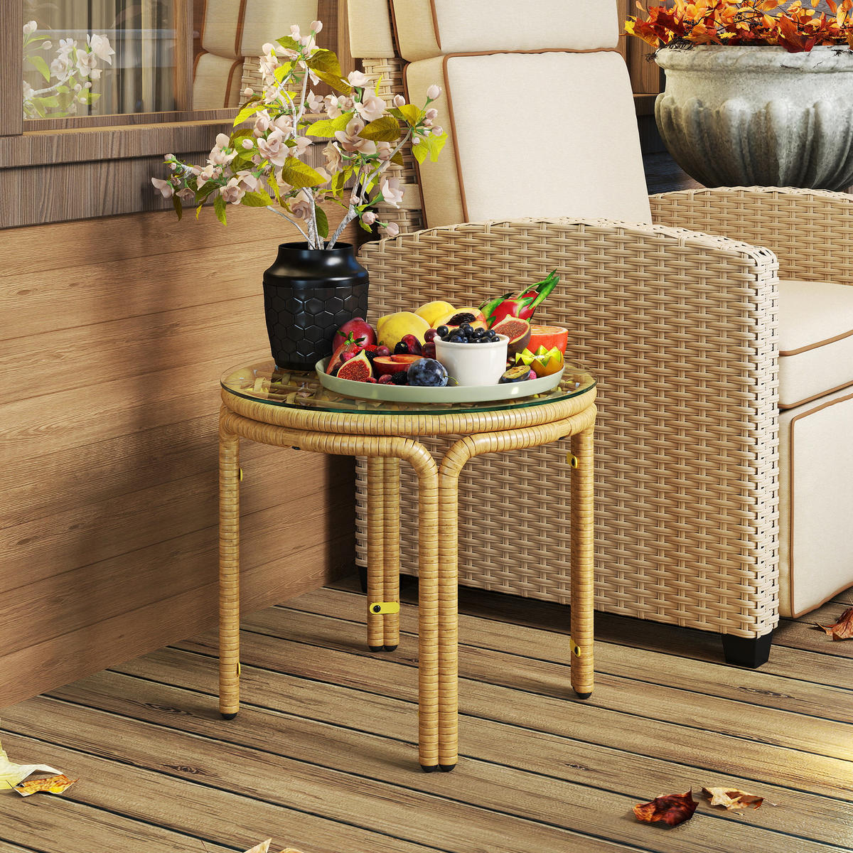 BEISTELLTISCH DE-06648 rund, Glasplatte, PE-Rattan Gelb - Gelb, Kunststoff/Metall (50/50/44cm) - ComfortXL