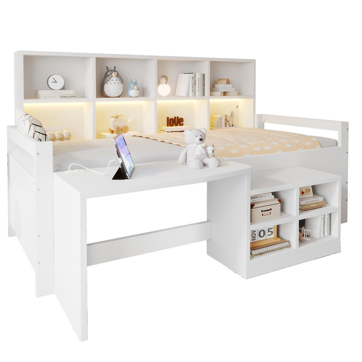 HOCHBETT 90/200 cm in Weiß mit Schreibtisch, Staufächern und LED - Weiß, Holz/Holzwerkstoff (90/200cm) - CHICFURN
