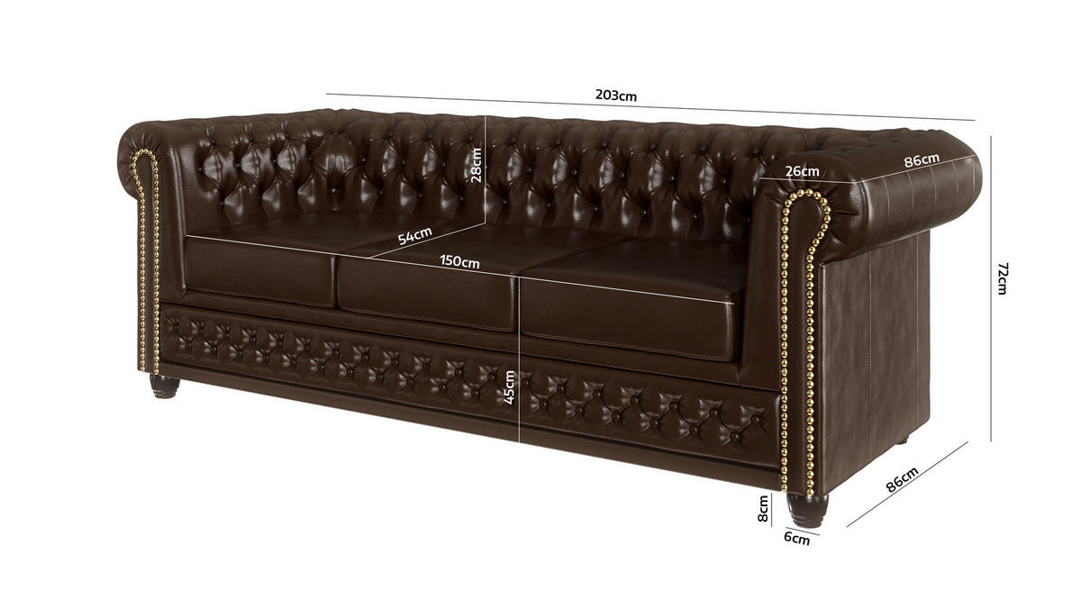 SITZGARNITUR 3+2+1 mit Schlaffunktion Chesterfield Morin Braun Vegan Leder - Braun, Buchenholz/Textil (203/72/86cm) - S-Style Möbel