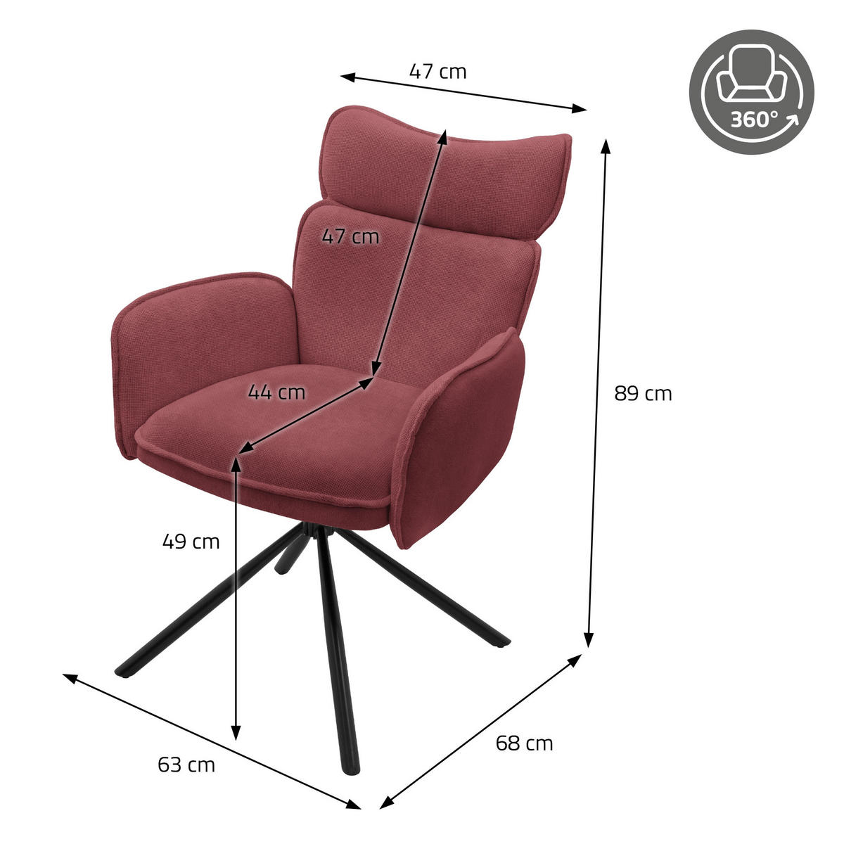 ESSZIMMERSTÜHLE 4er Set drehbar Rot mit Stoffbezug - Rot/Schwarz, Textil/Metall (63/89/68cm) - ML-DESIGN