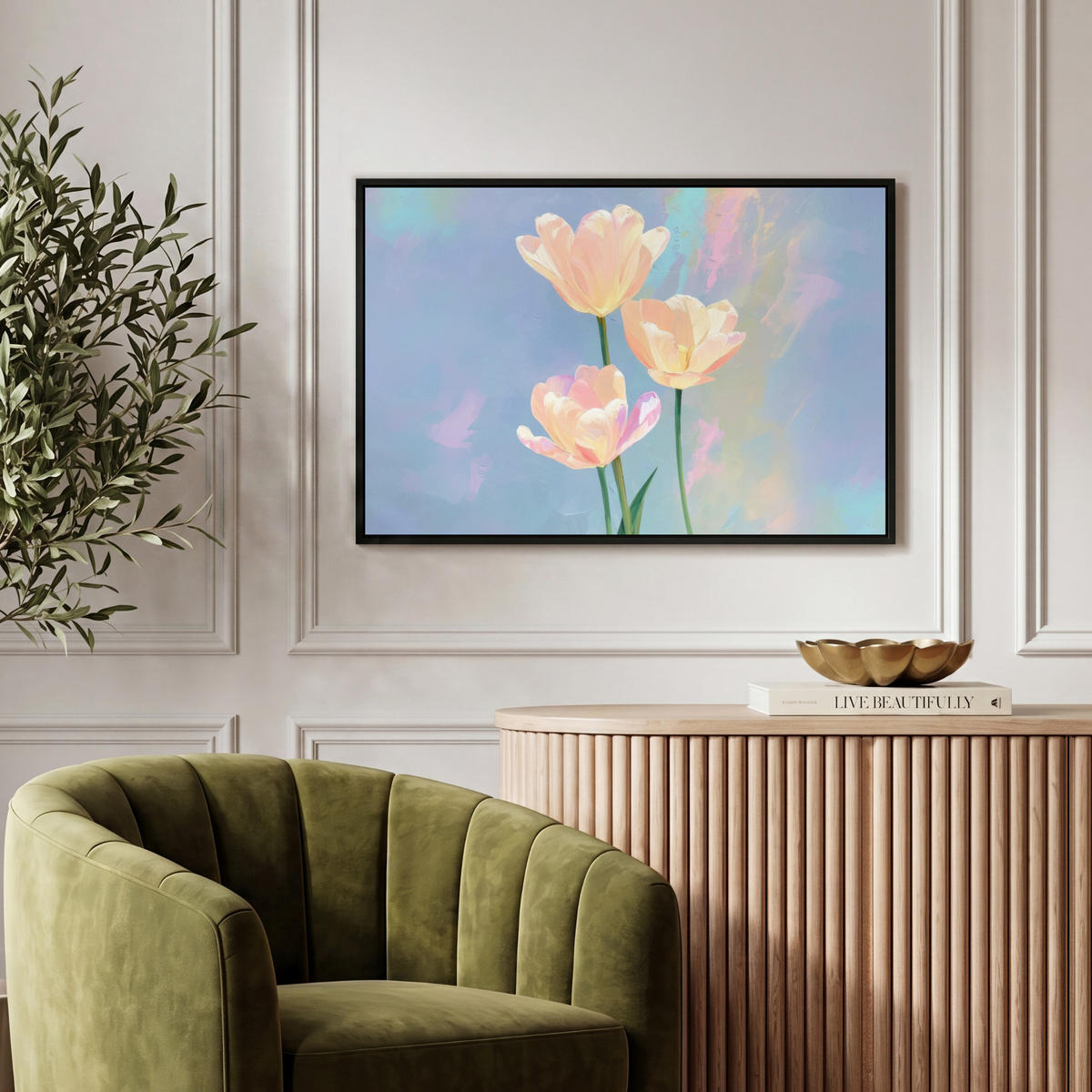 LEINWAND Bilder mit Rahmen - Tulpen - Rosa Akzente - Blau - 60x40 - Pastellblau, Textil (60/40cm) - MuchoWow