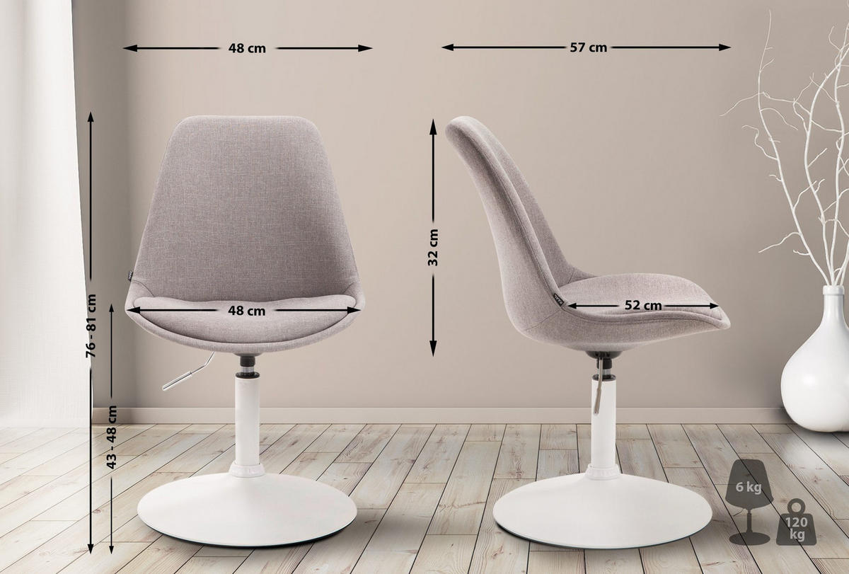 DREHSTUHL Stoff grau - Weiß/Grau, Textil/Metall (48/76/57cm) - CLP