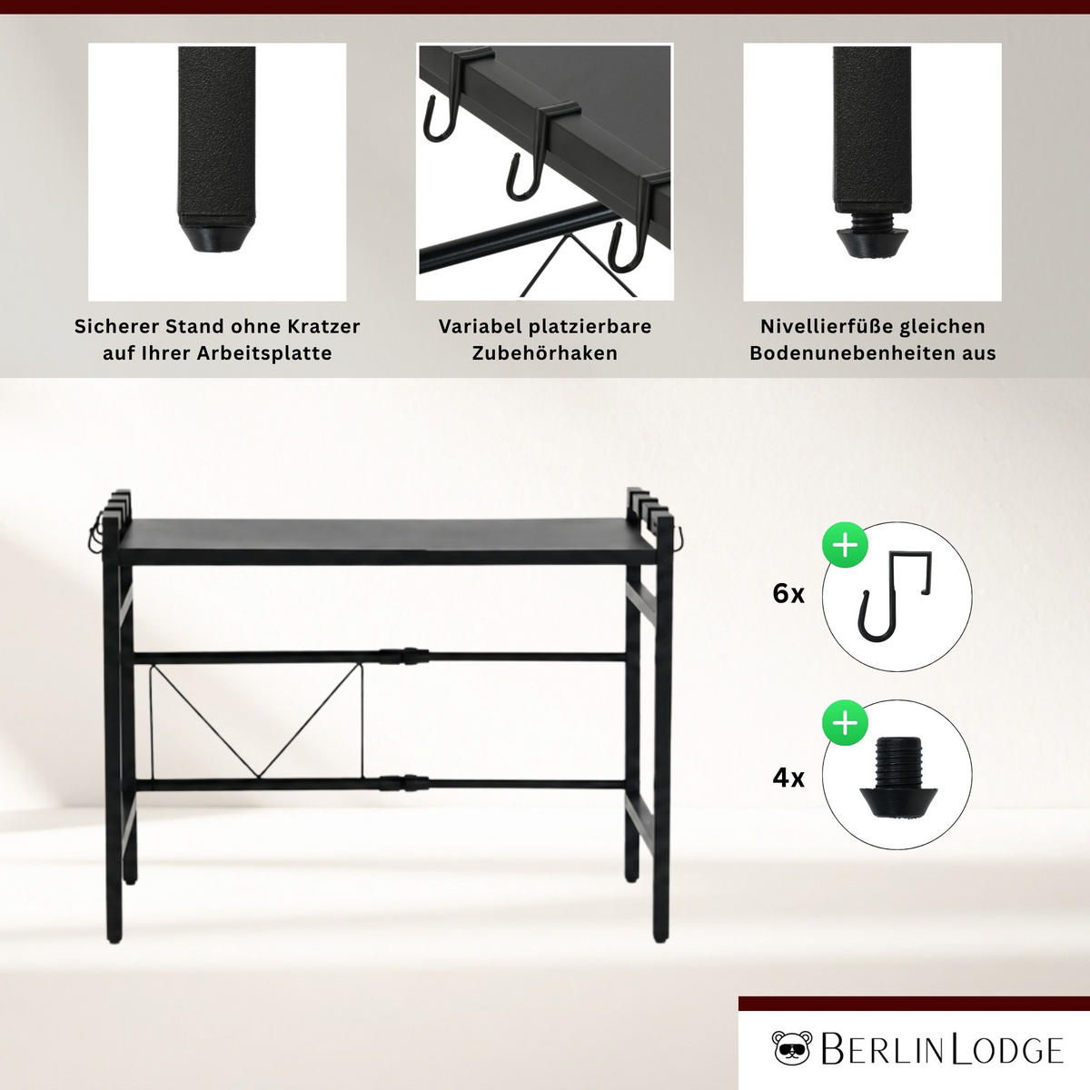 VERSTELLBARES Mikrowellenregal NEXO mit Ablagefläche 2-Stufig HxBxT 46x40-60x36 cm Ausziehbar zwischen 40-60cm Metall Schwarz - Schwarz, Metall (60/46/36cm) - BERLINLODGE