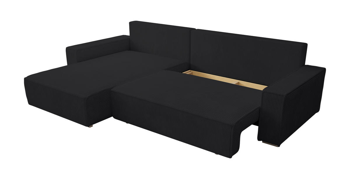 ECKSOFA Alice mit Bettkasten und Schlaffunktion, Cordstoff in L-Form - Schwarz, Textil (289/184cm)