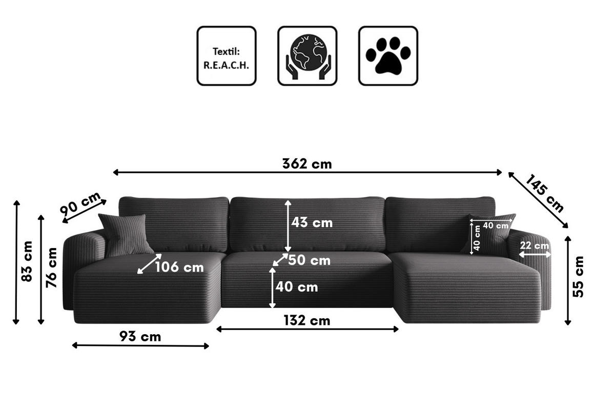 ECKSOFA Mit Schlaffunktion Und Bettkasten U-form CAPRI Poso Dunkelgrau - Dunkelgrau, Holz/Textil (145/362cm) - Kaiser Möbel
