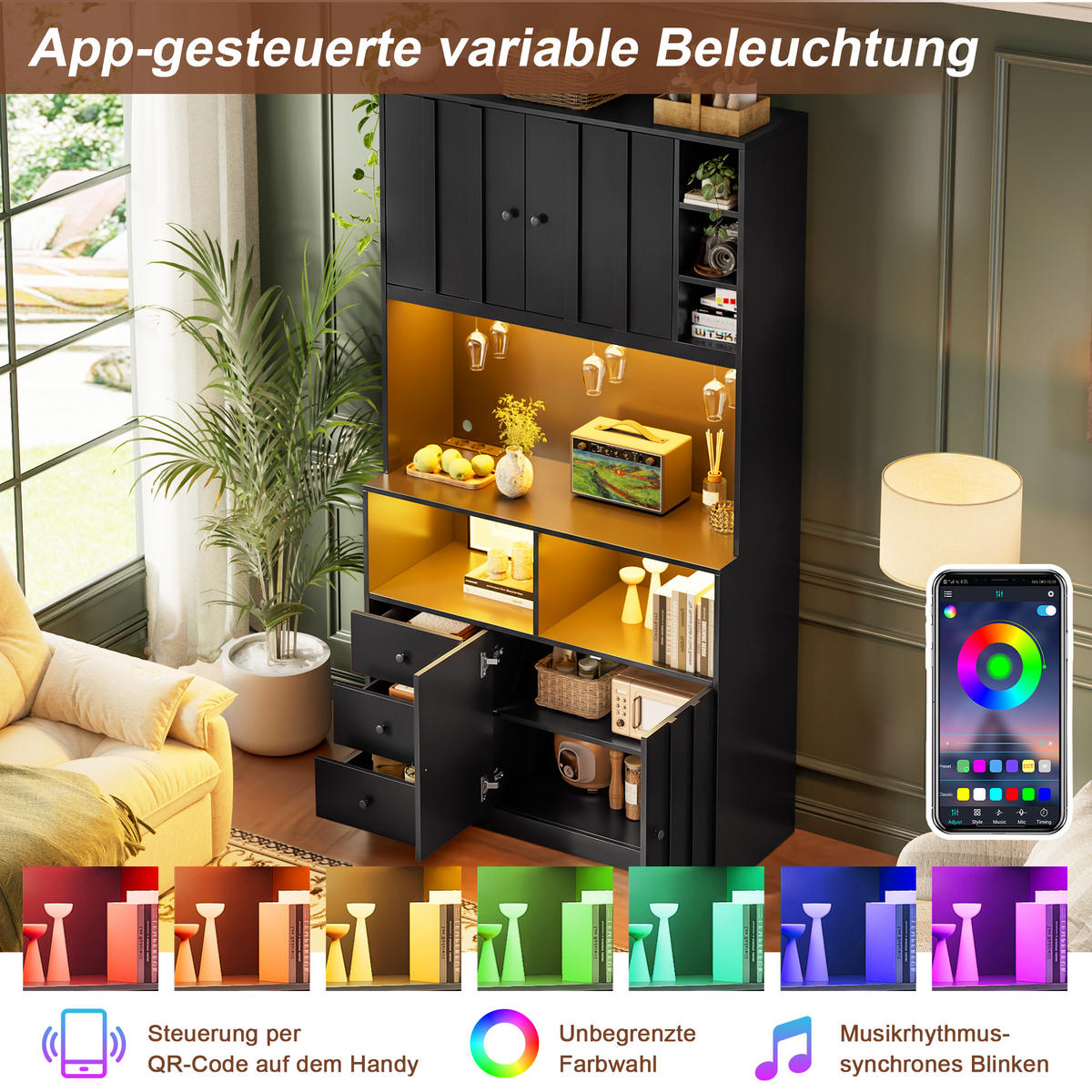 BUFFET DE-38715 100/40/180 cm LED-Beleuchtung und 3 Weinglashalter Schwarz - Schwarz, Holzwerkstoff (100/180/40cm) - ComfortXL