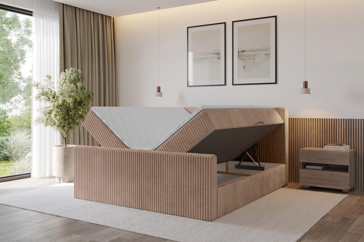 BOXBETT mit Matratze H4 und Lattenrost - TOLO-Z - 140x200 Cord - Beige - Sandfarben, Holzwerkstoff (140/200cm) - ALTDECOR