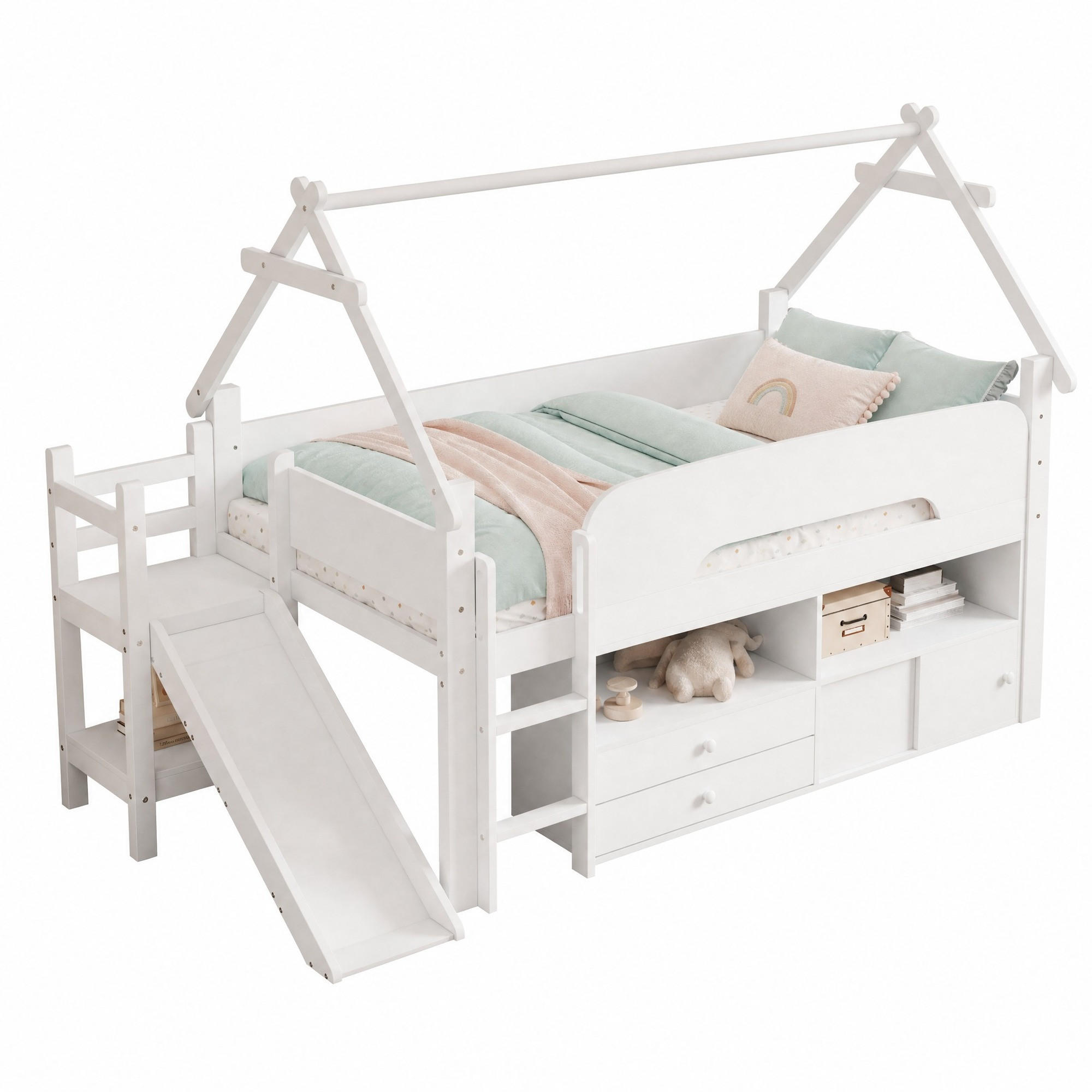 HAUSBETT 90/200 mit Rutsche, Schubladen und Sicherheitsgeländer in Weiß - Weiß, Holzwerkstoff (90/200cm) - EVRYAE