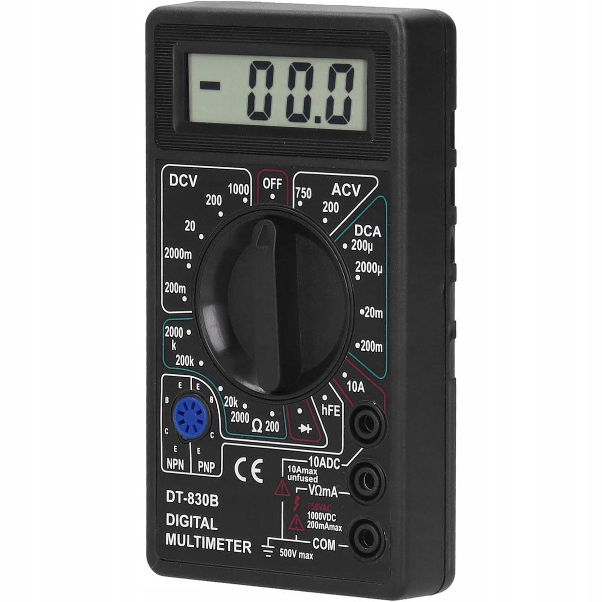MULTIMETER DT-830B - Mini digital, LCD, DC 0-1000 V, AC 200-750 V, DC 0-10 A, 0-2 MΩ, Dioden- und Transistortest - Multicolor, Kunststoff/Metall (10/10/10cm)