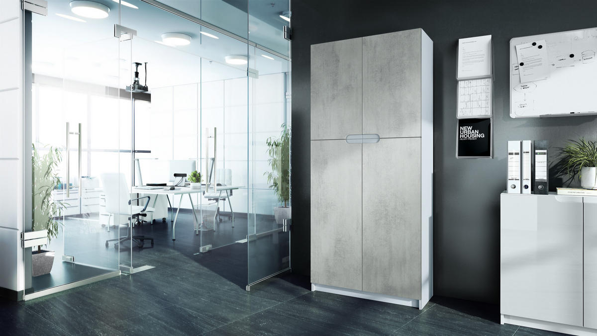 BÜROSCHRANK Logan Fronten in Beton Oxid Optik - Hellgrau, Holzwerkstoff (82/185/37cm) - Vladon