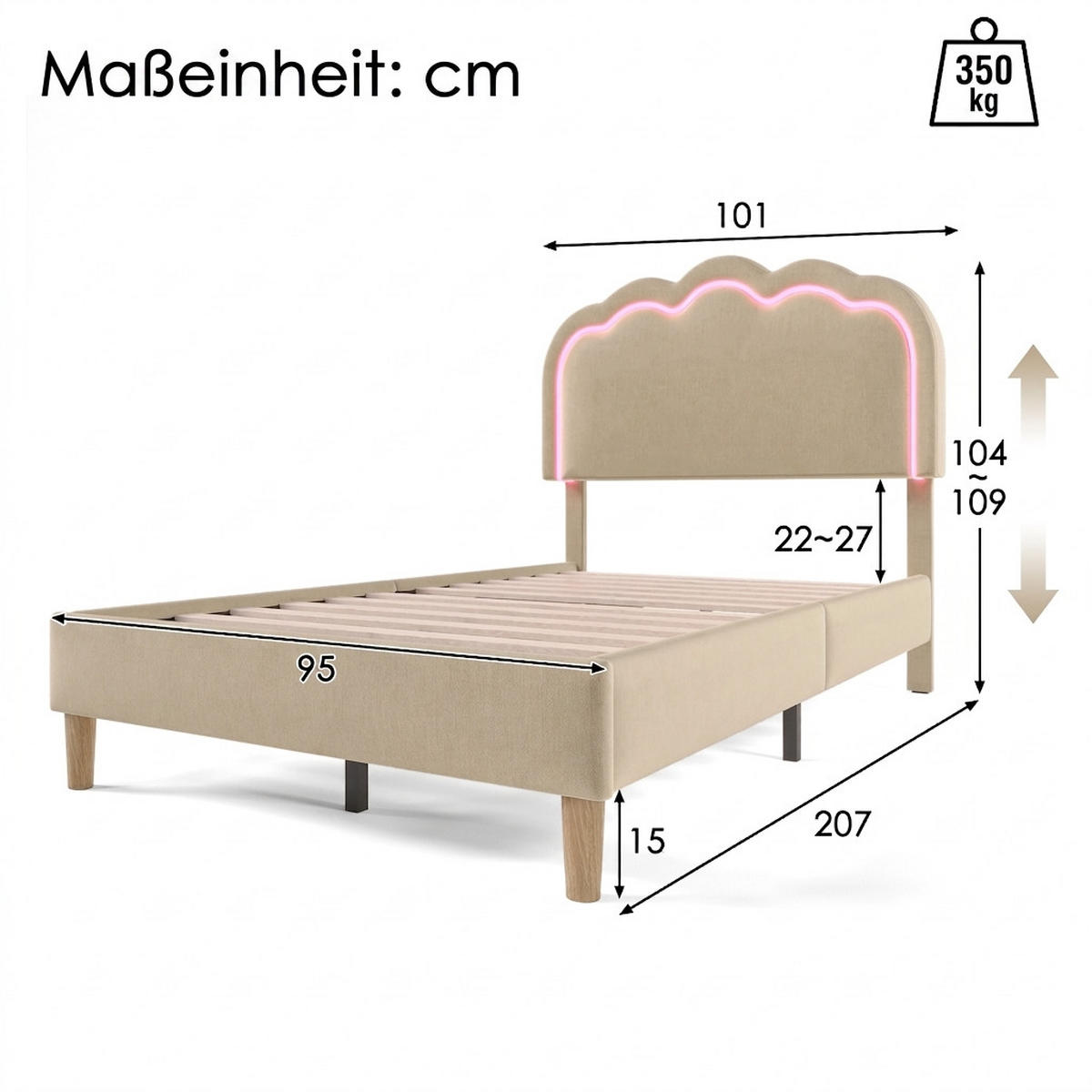 POLSTERBETT 90/200 cm Beige mit LED und Verstellbares Kopfteil - Beige, Textil (90/200cm) - Oxeza