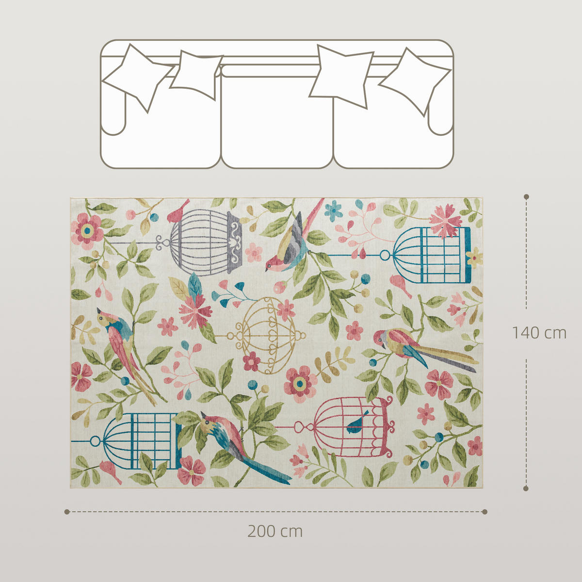 TEPPICH maschinenwaschbarer Wohnzimmerteppich, 200 x 140 cm, Cremeweiß+Rosa - Multicolor, Kunststoff/Textil (140/200cm) - HOMCOM