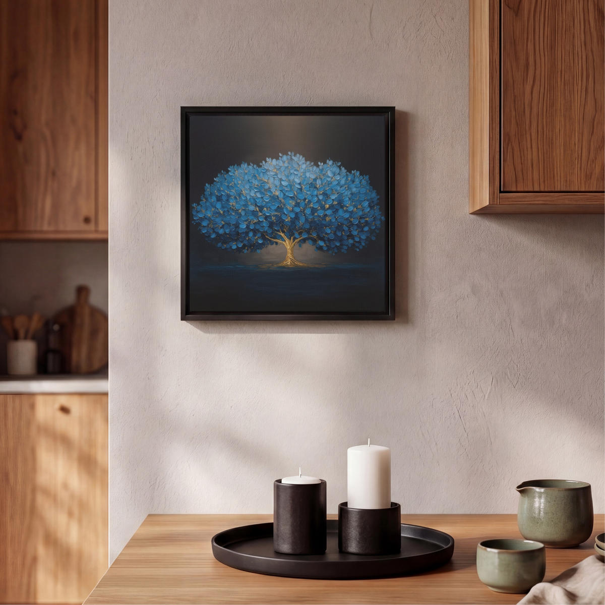LEINWAND Bilder mit Rahmen - Baum - Blau - Blätter - Pinselstriche - 20x20 - Blau, Textil (20/20cm) - MuchoWow