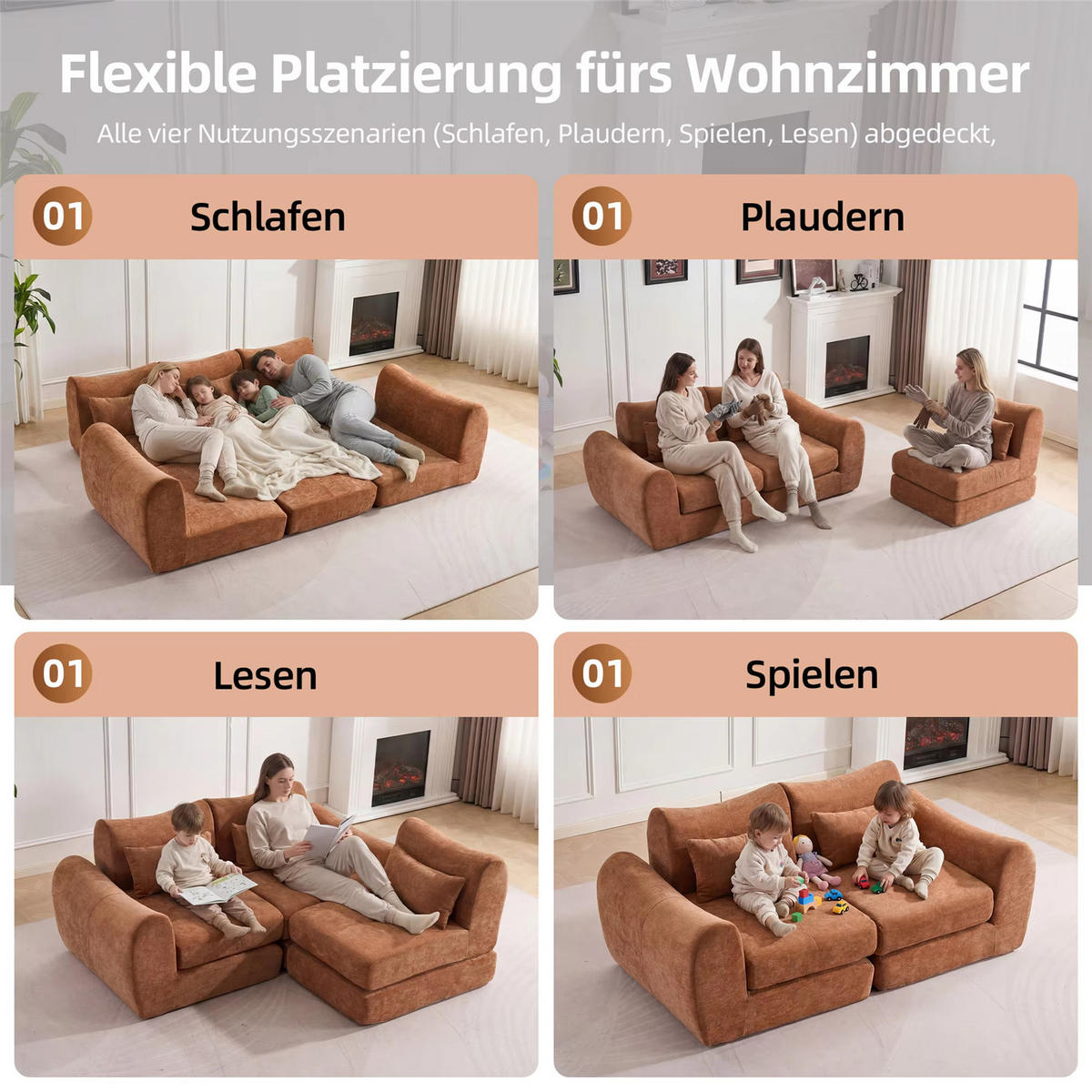 SCHLAFSOFA 3-Sitzer Chenille, Bequemes Kompressionssofa, Orange - Orange, Textil (262/78/97cm) - Kaket