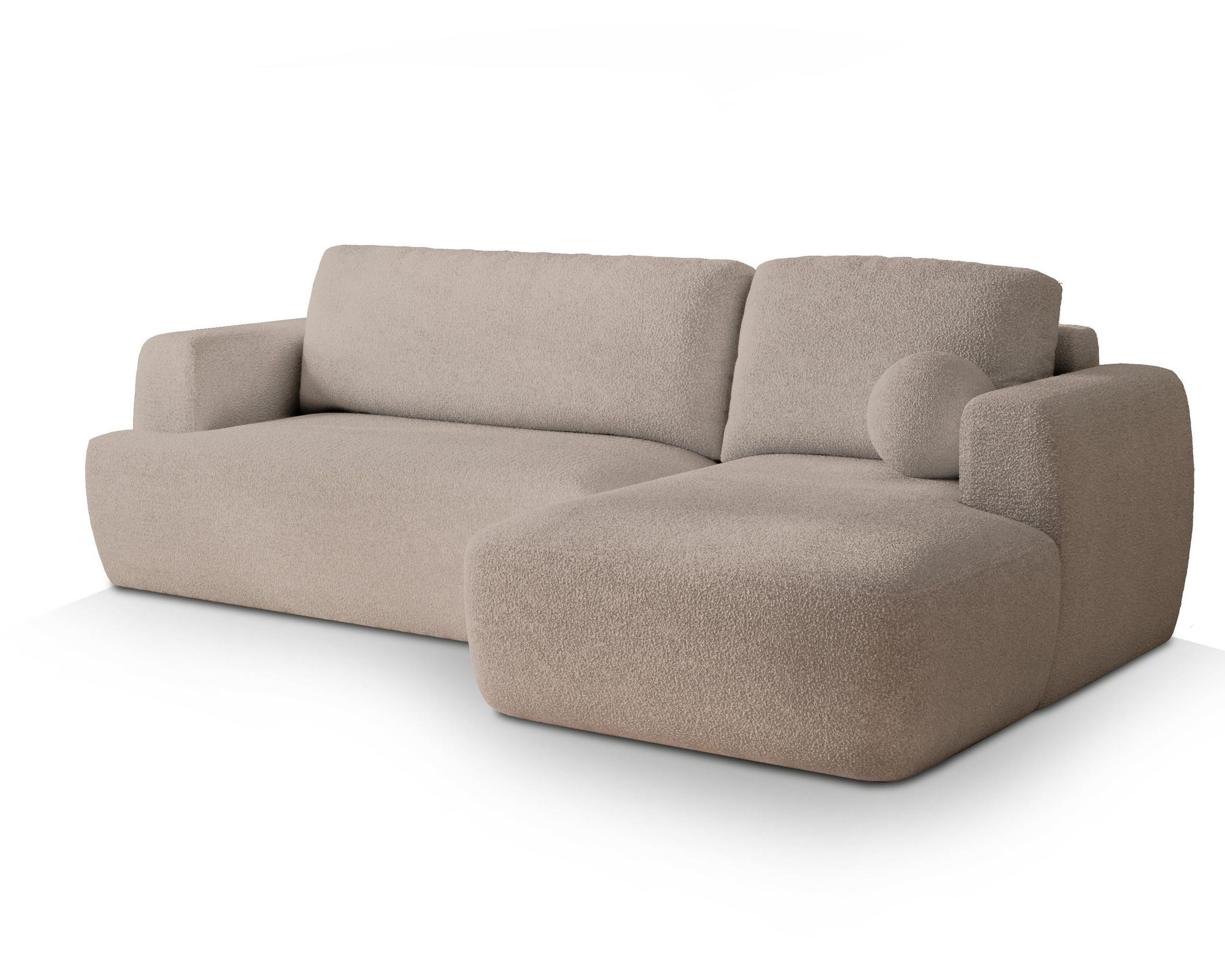 ECKSOFA SENTI N R-S Beige Boucle-Stoff mit Schlaffunktion - Beige, Holz (246/148cm) - MASSENO