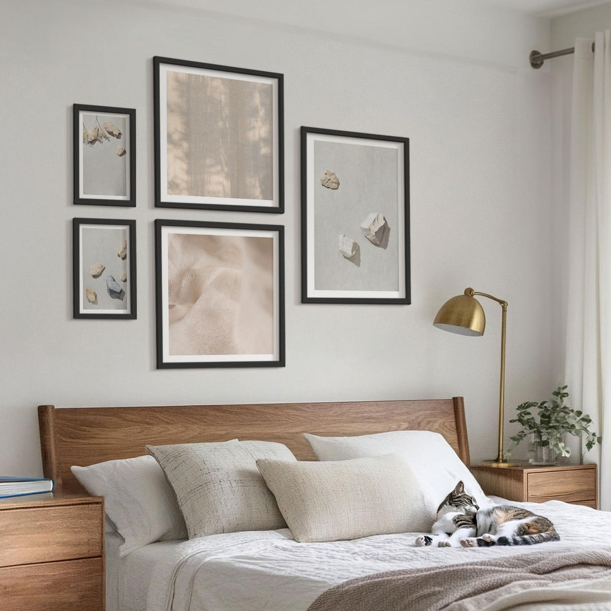 WANDBILDER 5er-Set - 50x50 cm & 20x30 cm & 40x60 cm Schwarzer Rahmen - Boho-Stranddekorationen aus Steinen - Schwarz, Kunststoff (40/60cm) - ArtPrintCave