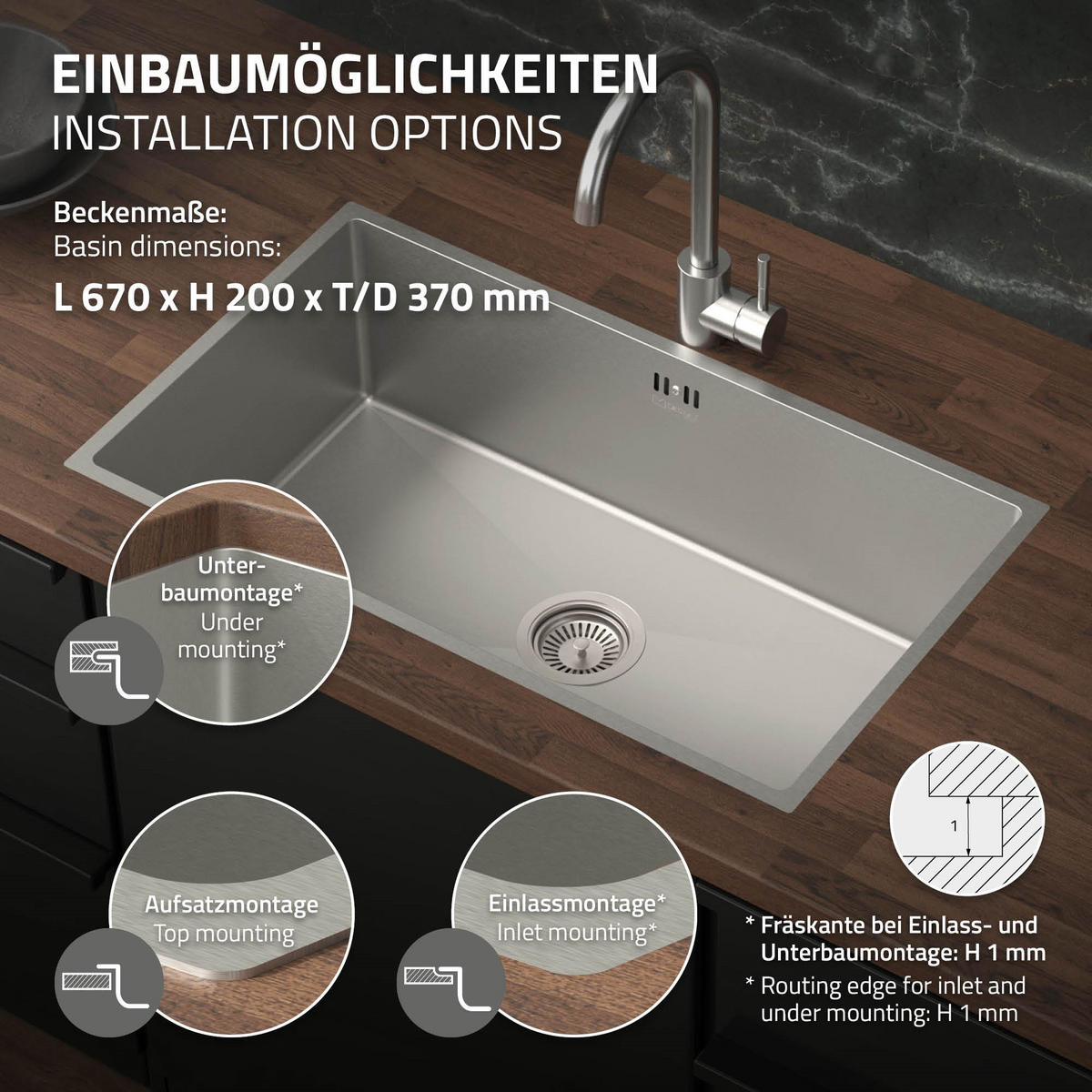 SPÜLBECKEN Edelstahl 70/40cm - Silberfarben, Metall (40/20/70cm) - ML-DESIGN