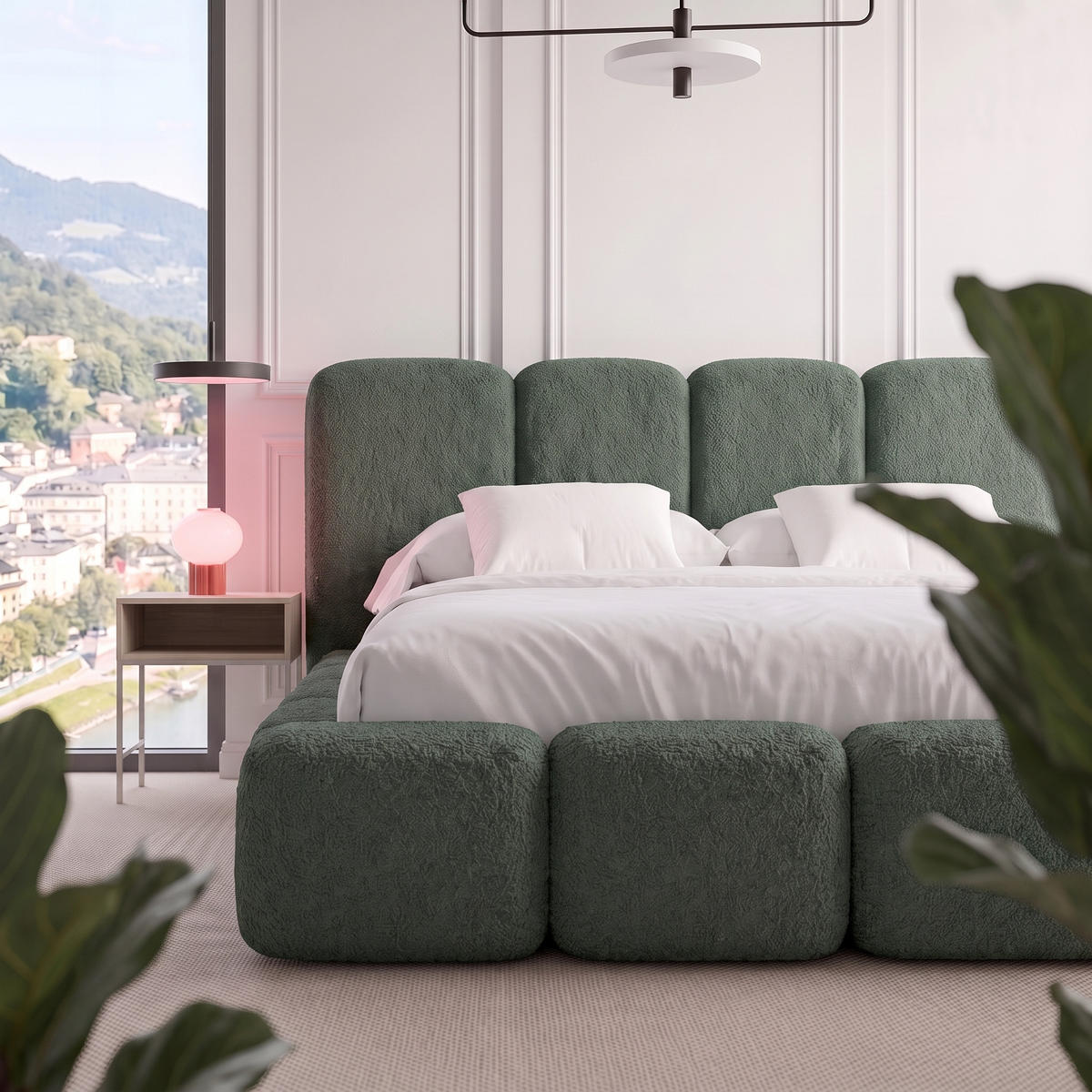 POLSTERBETT SUENO MAXI 160x200 cm in Grün, gepolstertes Kopfteil, Metalllattenrost, Bettkasten, Bouclé-Stoff - Naturfarben/Grün, Holz/Textil (160/200cm) - Muffo