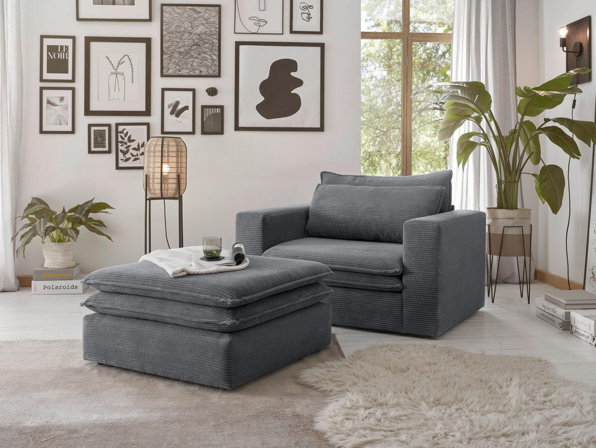 LOVESEAT Set grau Cord, Loungesessel inklusive Hocker - Beige/Grau, Holz/Kunststoff (176/83/125cm) - Furn.Design