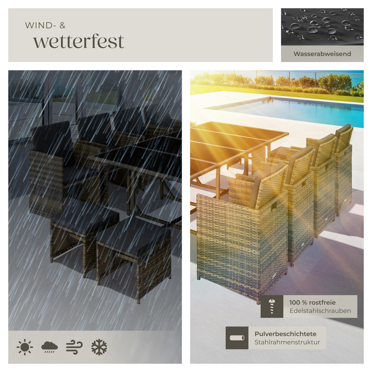 RATTAN SITZGRUPPE Palma,zusammenschiebbar, inklusive Schutzhülle,natur/dunkelgrau - Dunkelgrau/Naturfarben, Kunststoff - tectake