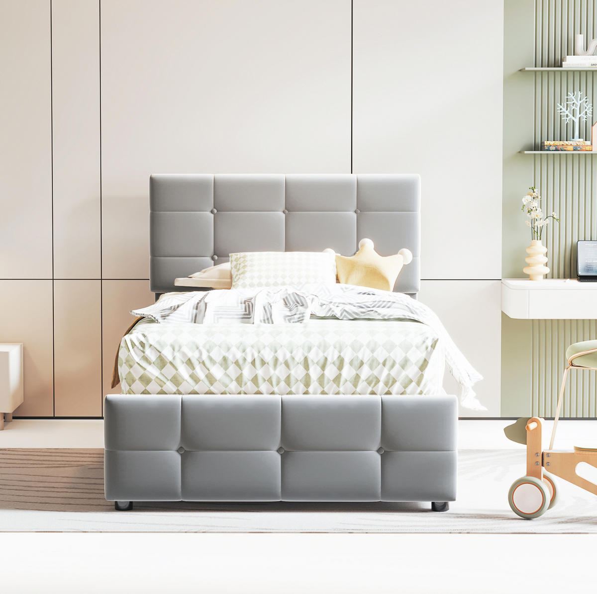 DETSKÁ posteľ 90/200 cm sivá s úložným priestorom a nastaviteľným čelom z čalúneného zamatu - sivá, textil (90/200cm) - OKWISH