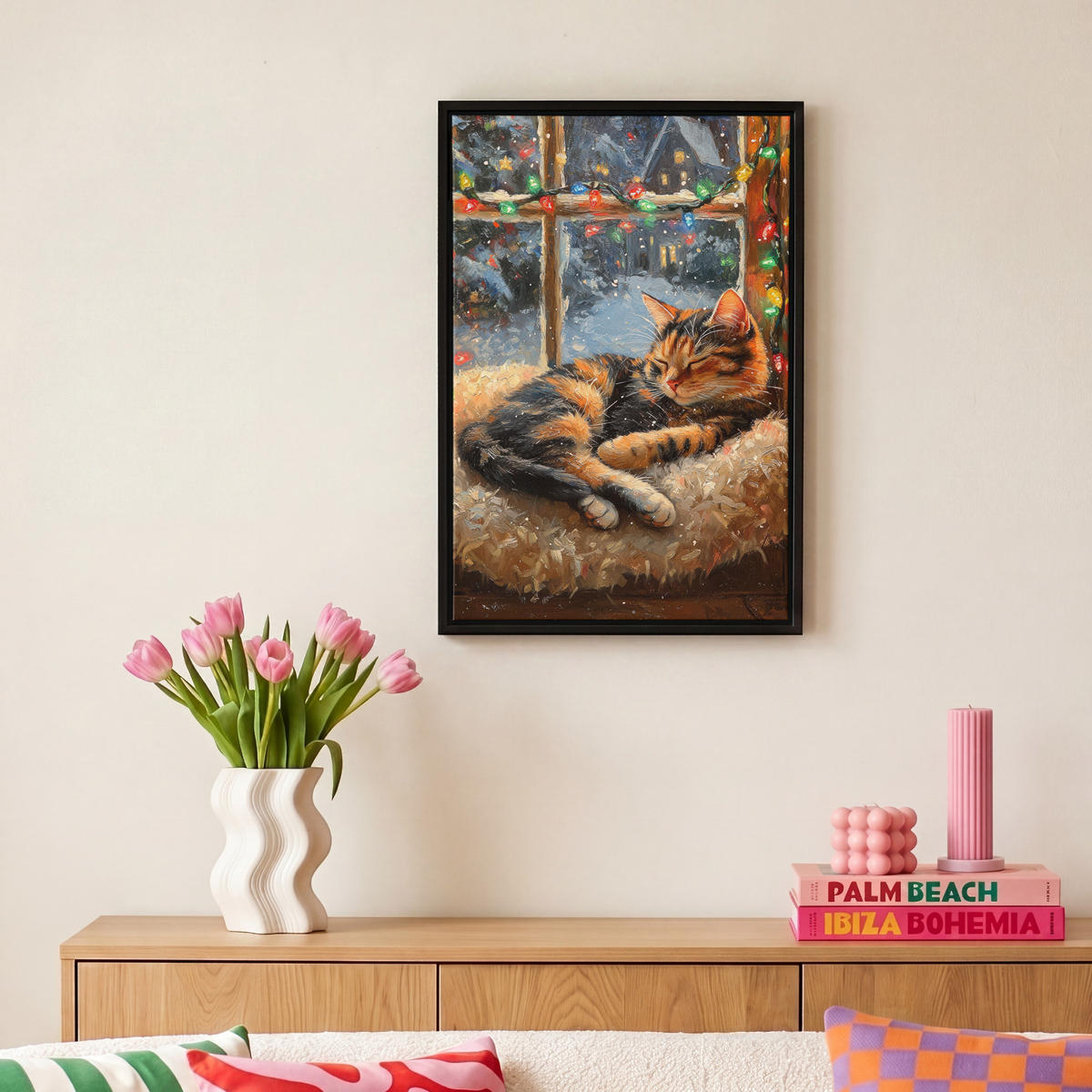 LEINWAND Bilder mit Rahmen - Katze - Weihnachten - Winter - Tier - 20x30 - Bernsteinfarben, Textil (20/30cm) - MuchoWow