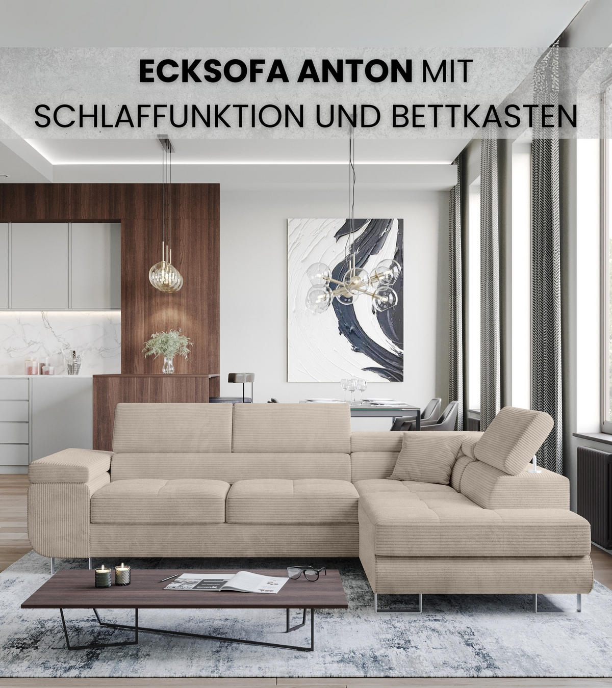 ECKSOFA Anton mit Schlaffunktion Beige Cord - Beige/Silberfarben, Textil/Metall (142/275cm) - Bromarkt