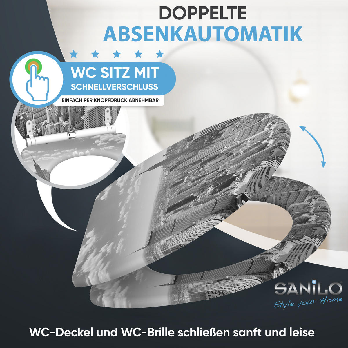 WC-SITZ mit Absenkautomatik & Top Fix Skyline New York - Grau, Holzwerkstoff (37.7/5.5/48cm) - Sanilo