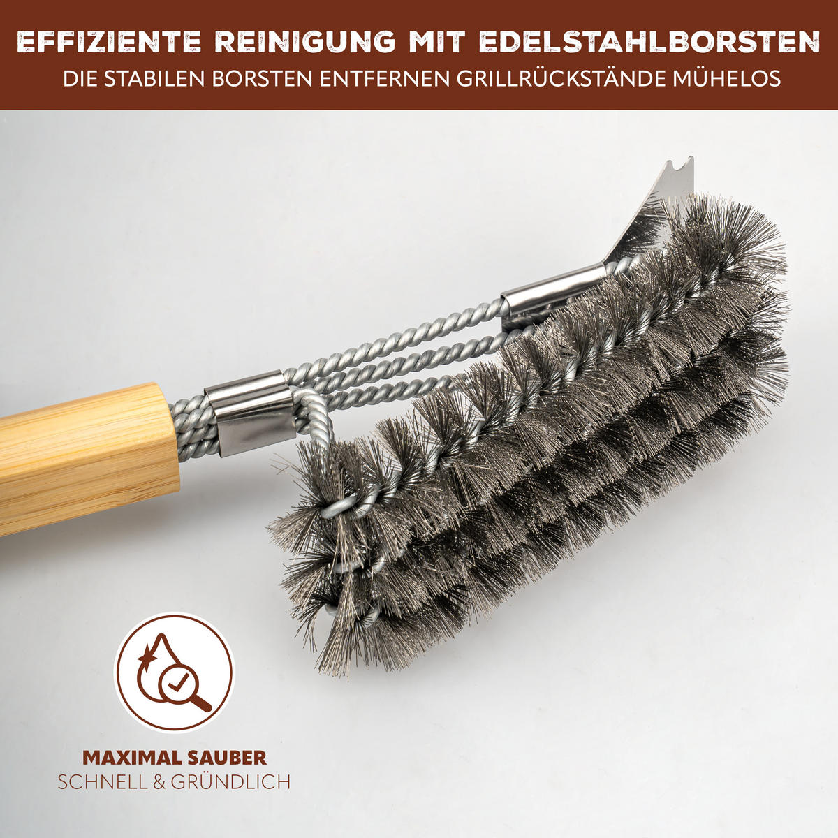 GRILLBÜRSTE, Edelstahl, Bambus - Edelstahlfarben, Metall (40cm) - eluno