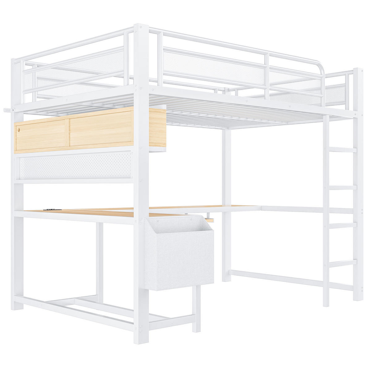 HOCHBETT 140/200 cm in Weiß mit Schreibtisch, LED und USB - Weiß, Holzwerkstoff/Metall (140/200cm) - WISHDOR