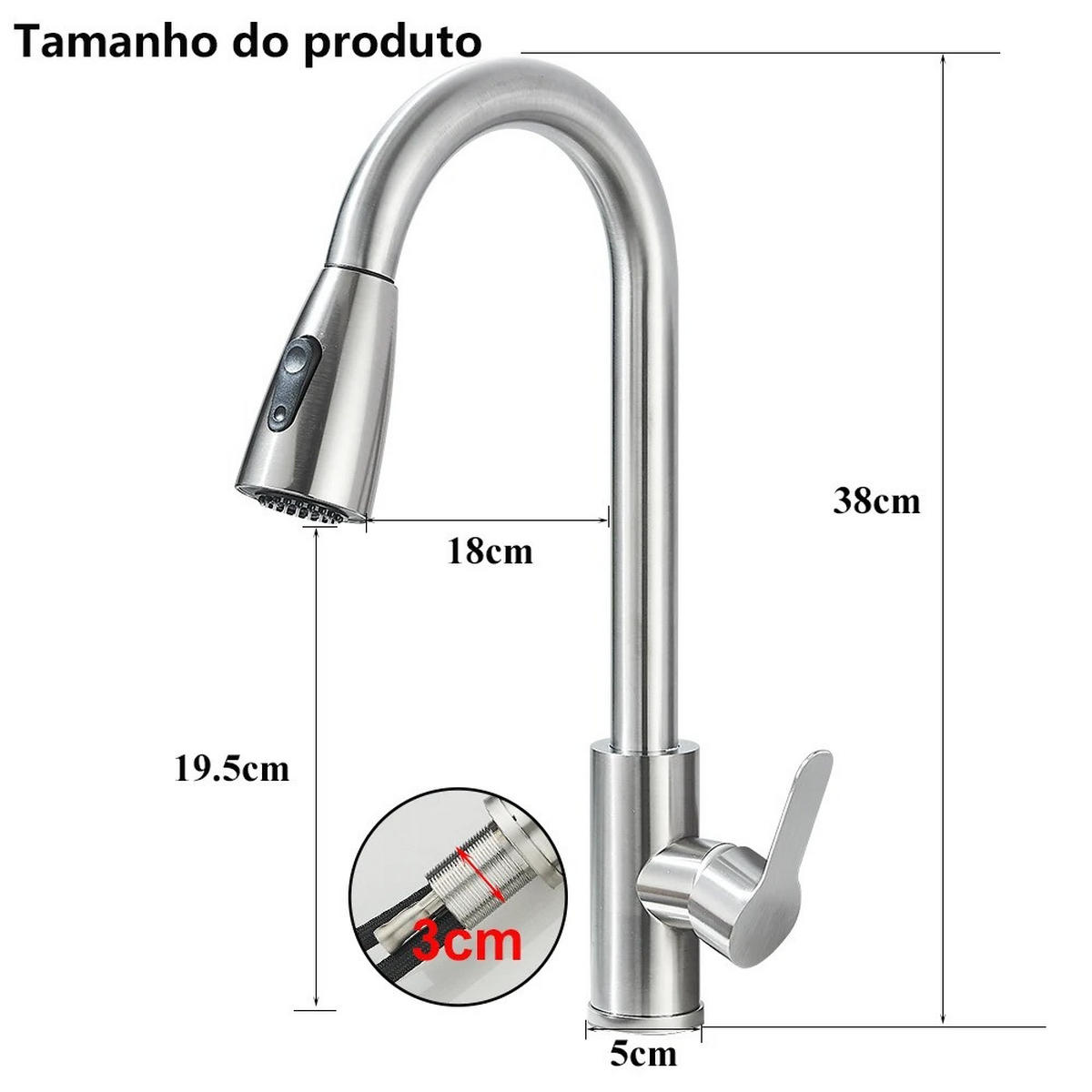 KÜCHENARMATUR Ausziehbar Flexibel Edelstahl - Nickelfarben, Metall (18/38/5cm) - Kaket