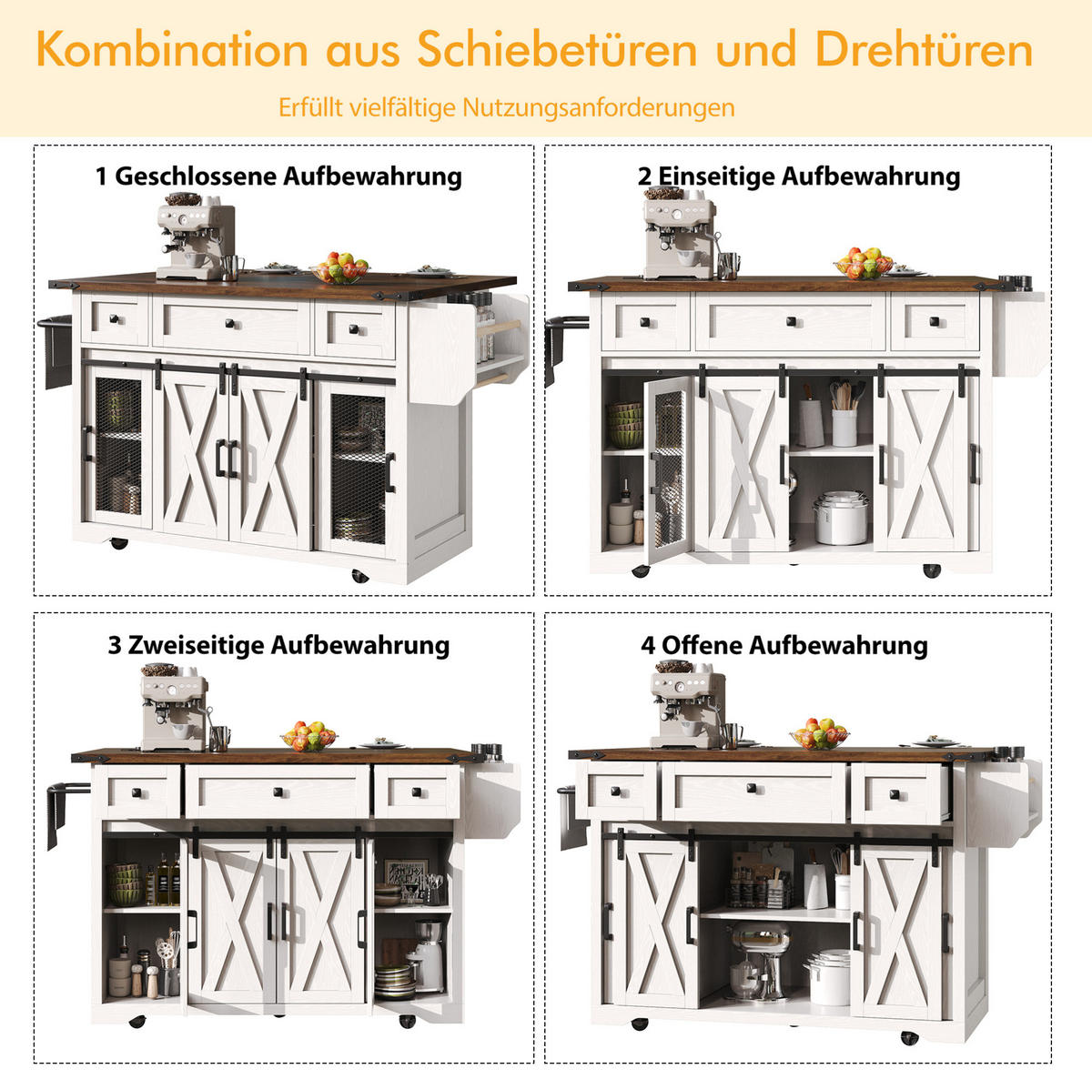 KÜCHENINSELWAGEN mit ausziehbarer Arbeitsplatte 120,2 x 45,3/75 x 91,5 cm Weiß - Weiß, Holz (45.3/91.5/120.2cm) - Beauniv