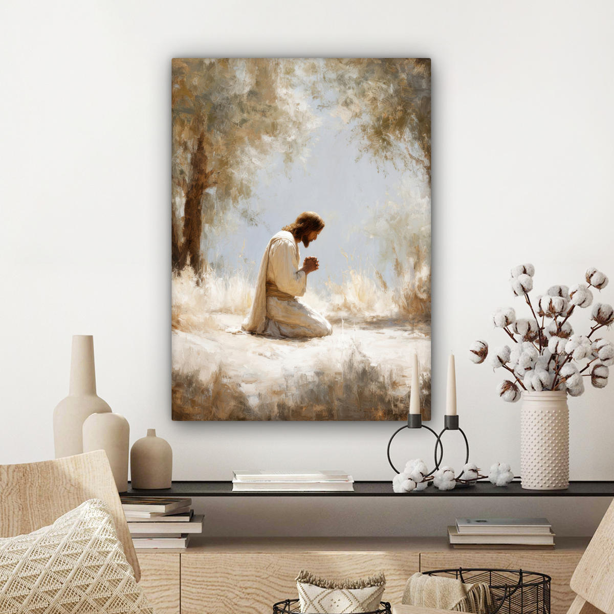 LEINWANDBILD Jesus - Kniend - Waldlandschaft - Betend Wandbild Wohnzimmer 60x80 cm - Beige/Hellblau, Textil (60/80cm) - MuchoWow