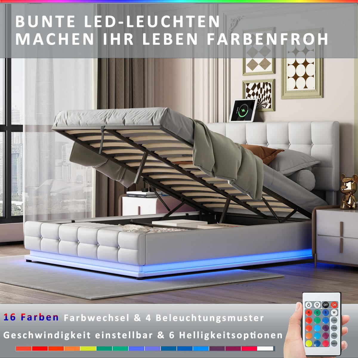 POLSTERBETT Toulouse 140x200 cm, Weiß, mit LED Beleuchtung - Weiß, Textil/Metall (140/200cm)
