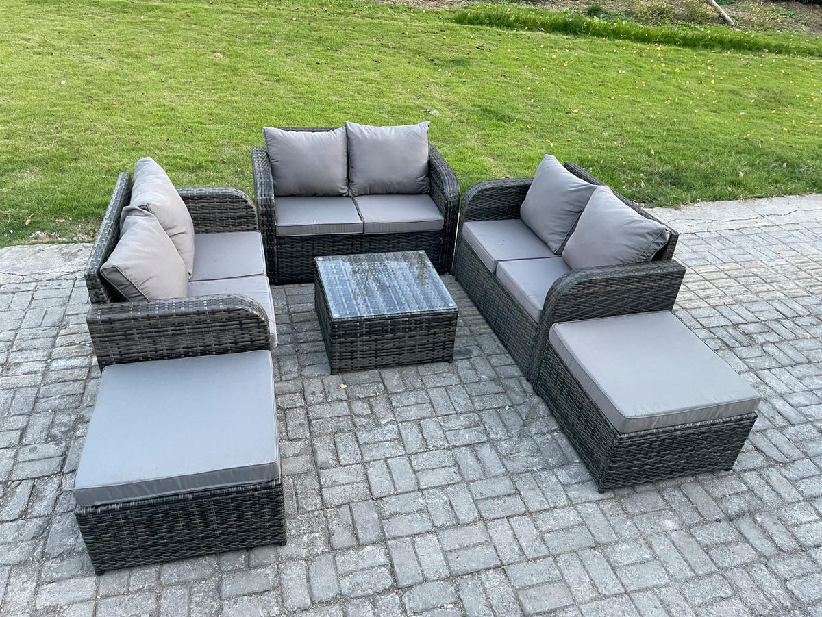 GARTENMÖBEL SET mit COUCHTISCH Polyrattan Dunkelgrau 8-Sitzer - Dunkelgrau/Grau, Glas/Kunststoff - Fimous