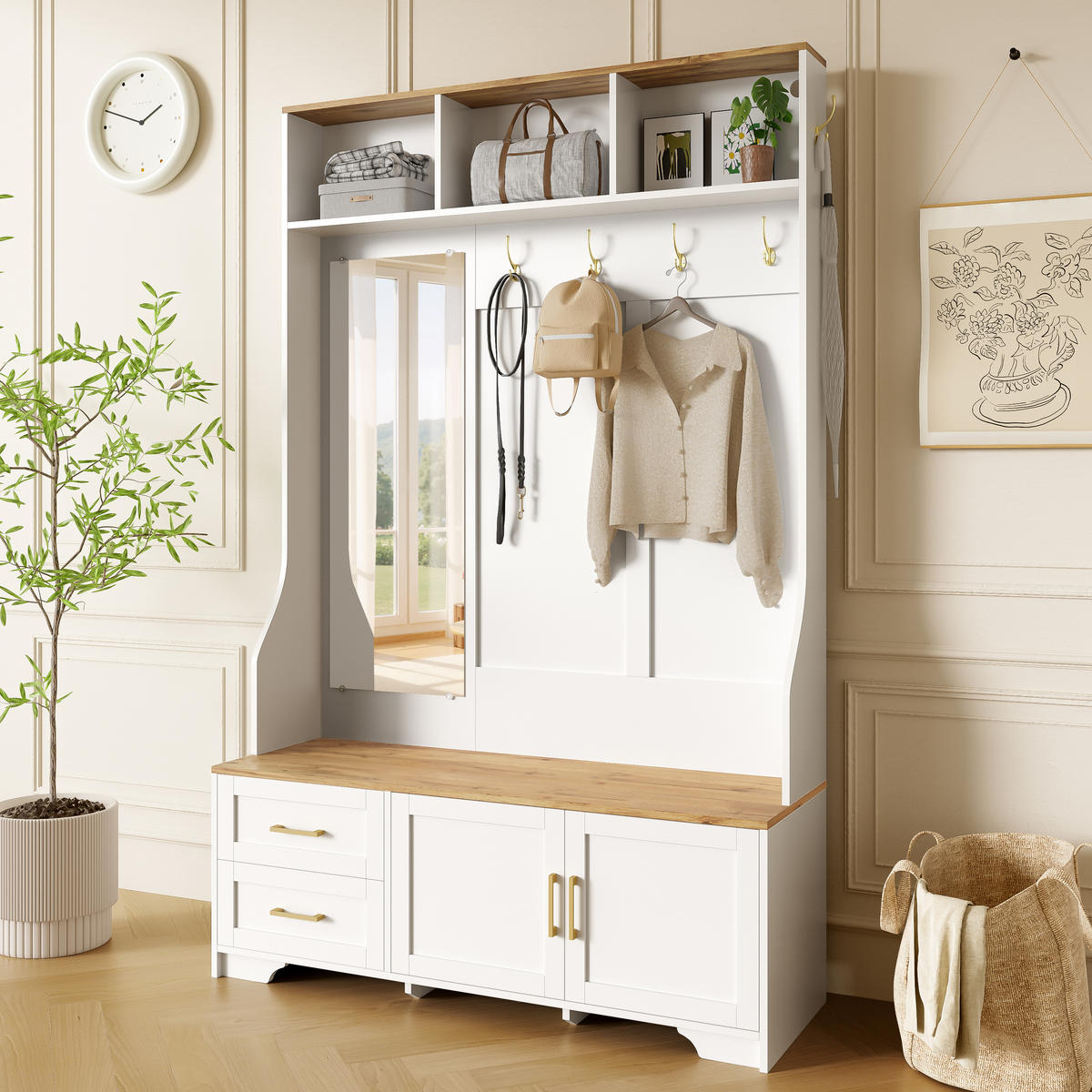 SCHUHSCHRANK aus MDF 120x40x187cm in Weiß mit LED & Spiegel - Weiß, Holzwerkstoff (120/187/40cm) - Modfu