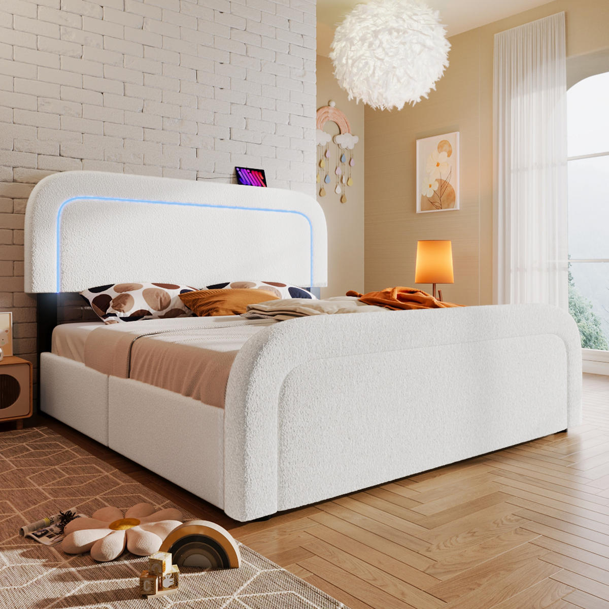 POLSTERBETT 160/200 cm Weiß aus Sherpa mit LED-Beleuchtung und USB- und Type-C-Anschlüssen - Weiß, Textil (160/200cm) - OKWISH